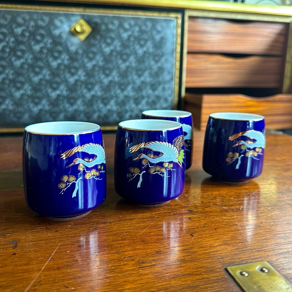 Japanese cranes porcelain tea/sake cups